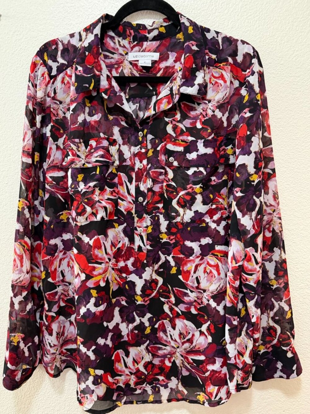 Liz Claiborne sheer burgundy floral blouse with attached tank top, size XL
